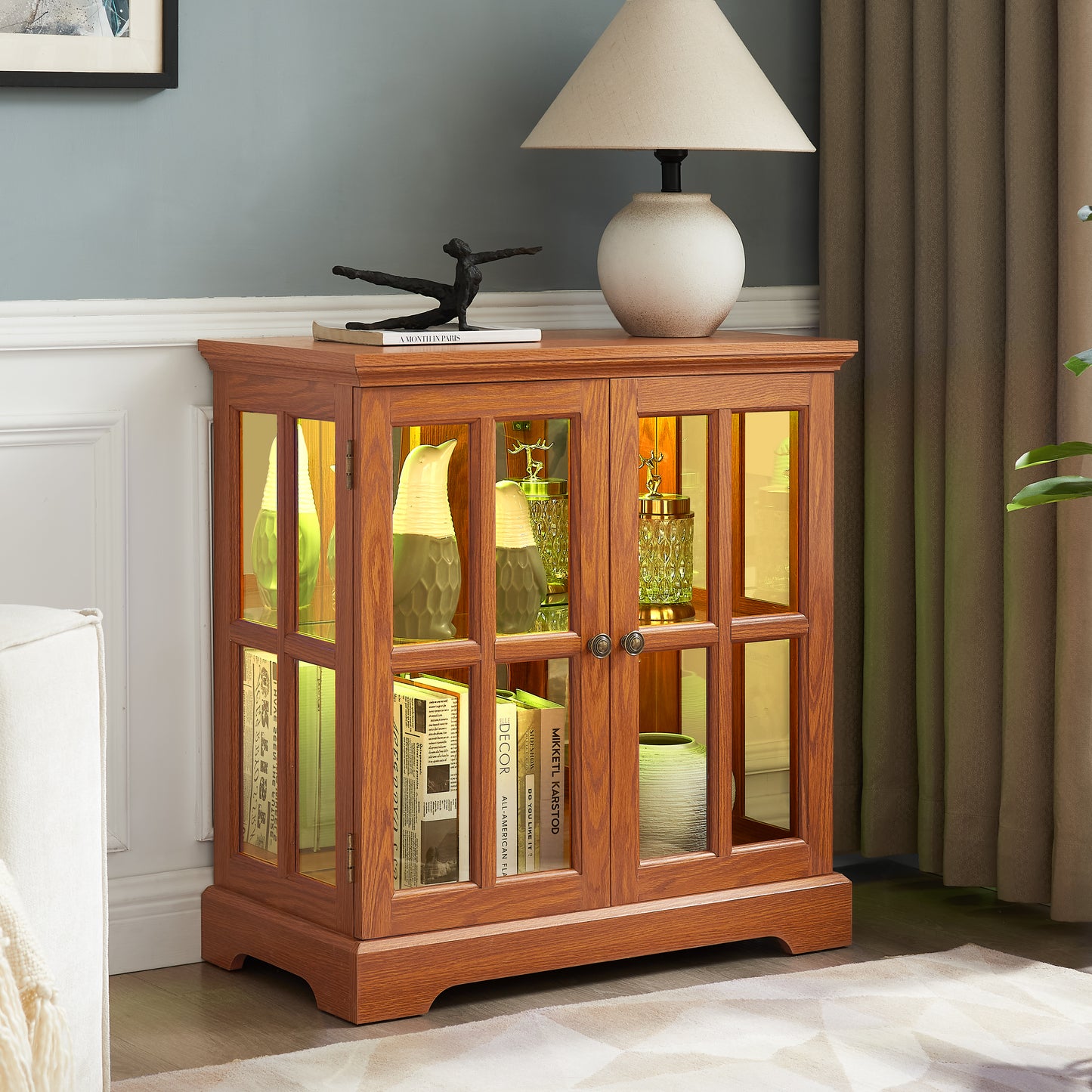 LED Curio Display Cabinet,Antique Display Cabinet With Adjustable Shelves,Retro Design Quality Showcase With Lattice Doors Elegant Bookcase And Storage Cabinet For Home Decor And Organization DARK OAK