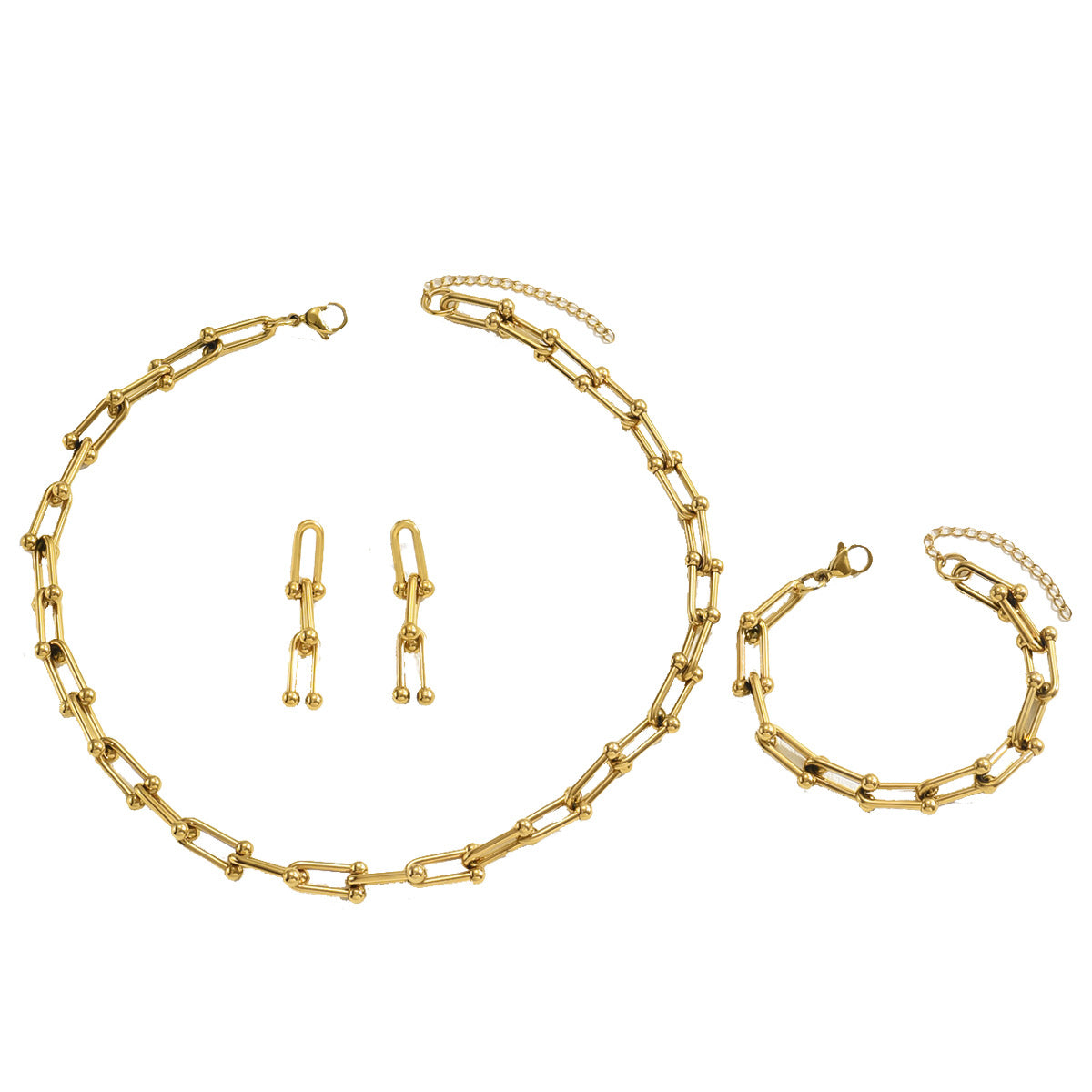 Cross-Border European Style Jewelry Set For Women, Minimalist U-Shaped Horseshoe Buckle Spliced Necklace Earrings Bracelet, Versatile Fashion Jewelry Wholesale