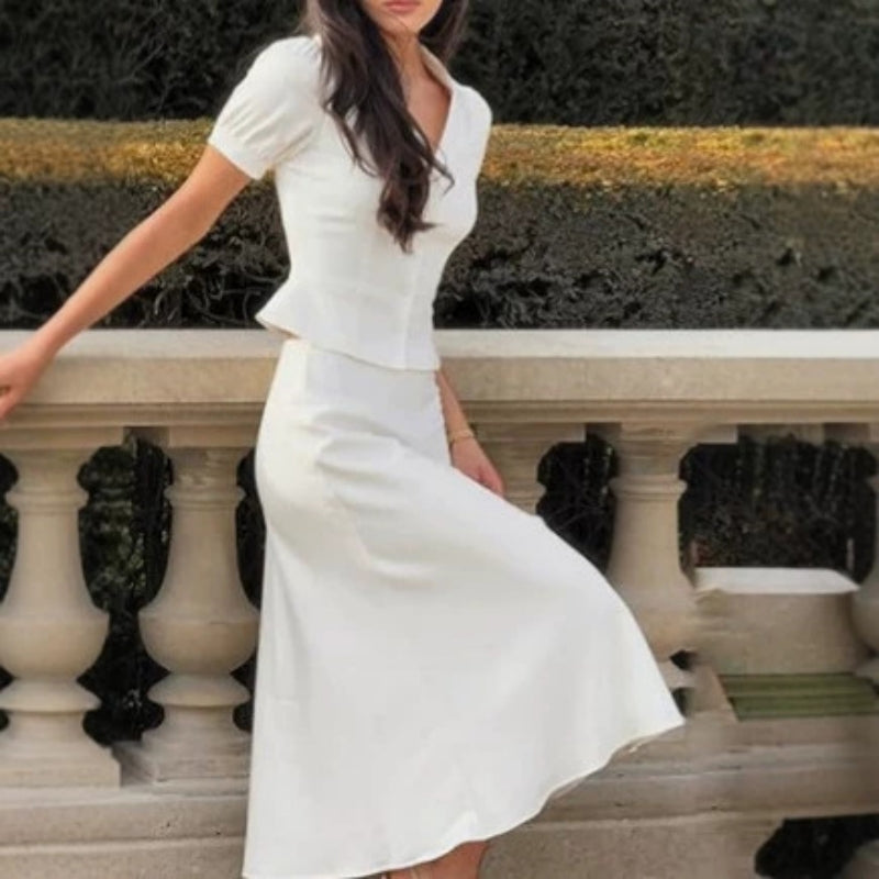 Summer New Arrival Elegant Lapel Single-Breasted Short-Sleeve Top And Sheath Skirt Two-Piece Set