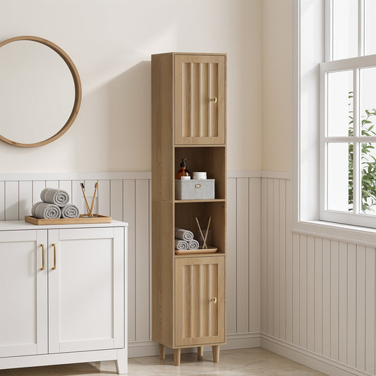Tall Cabinet Washing Machine Cabinet, Bathroom Cabinet With Doors & Open Shelves, Narrow Wooden Storage Cabinet For Laundry Room, Balcony, Bathroom, Kitchen, Freestanding, Oak Look