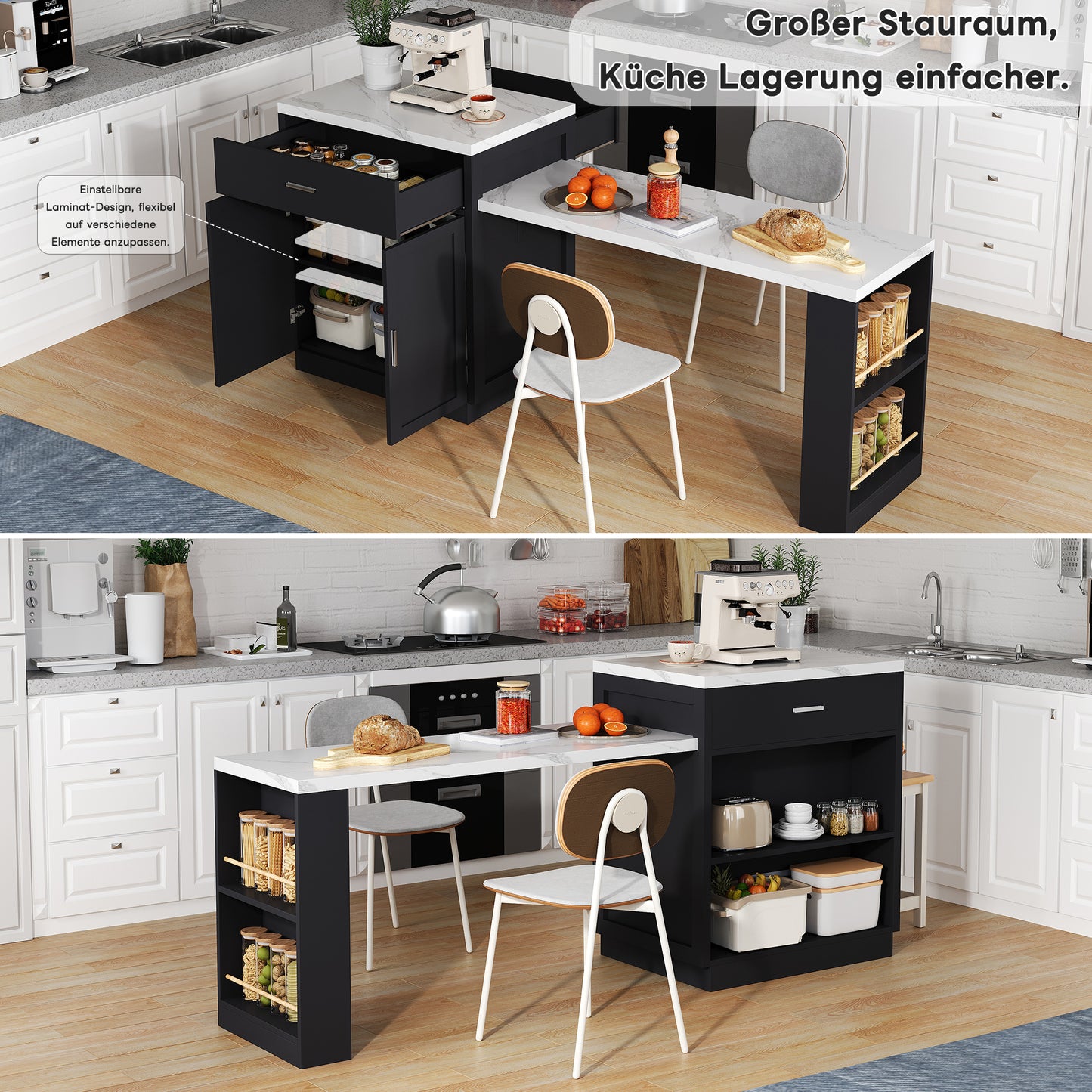 Kitchen Island With Extendable Dining Table For 4-6 People, Two-tone Kitchen Table, Socket, Storage Cupboard, 2 Drawers, 2 Shelves Open On The Sides