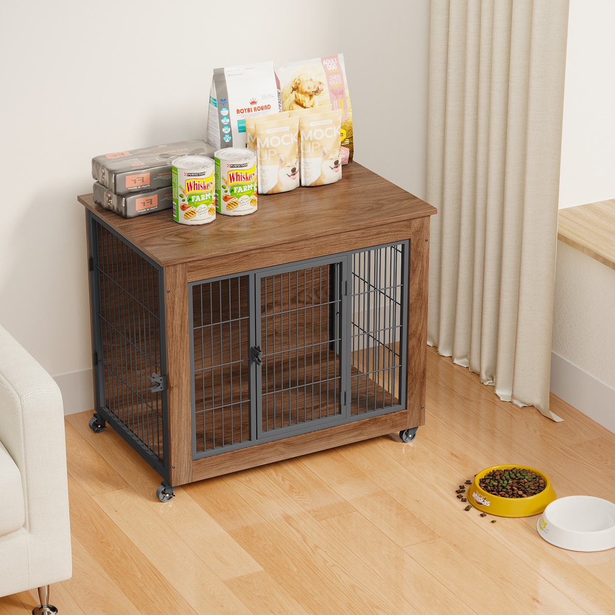 32.5 Dog Crate Furniture With Wheels For Small Dogs, Heavy Duty Dog Kennel Indoor With 2 Doors, Wooden Pet Cage End Table, Double-Doors Sturdy Metal Dog Cage For Anxiety Dog