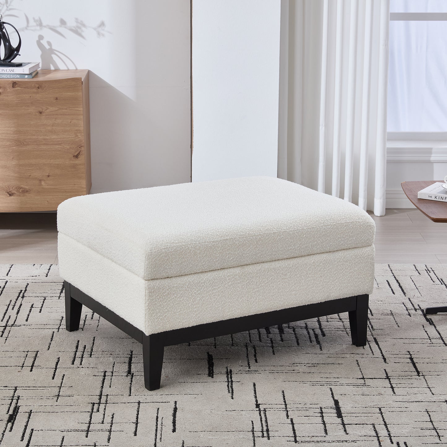 33.86 W Upholstered Wood Base Storage Ottoman With Reversible Lid Coffee Table, Foot Stool Square Footrest With Rubberwood Legs For Living Room Bedroom Entryway And Office, Ivory Boucle.