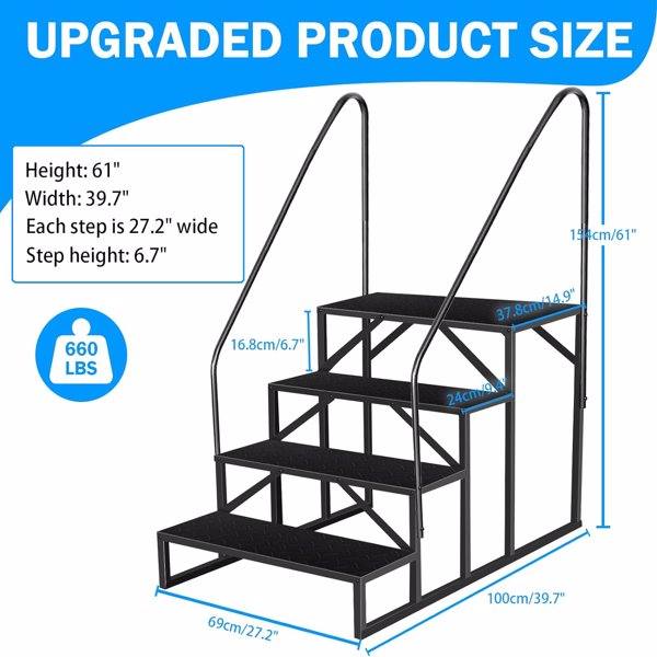 RV Step Stool,4 Step Ladder,Hot Tub Steps With Handrail,Portable Pool Ladder,660Lbs Heavy Duty Ladder Shelf Outdoor Mobile Home Stairs For Camper-Porch-SPA Pool-Pet Stairs