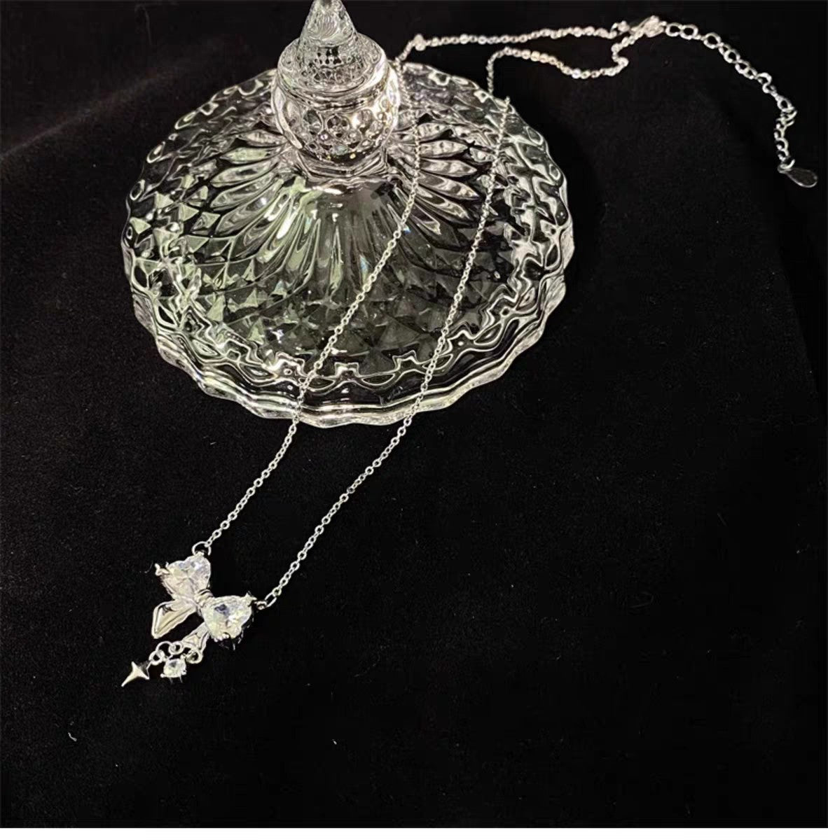 1pc 999 Sterling Silver Diamond-Encrusted Heart Bow Tassel Necklace, Sweet Minimalist Style, Perfect For Daily Wear & Valentine's Gifts