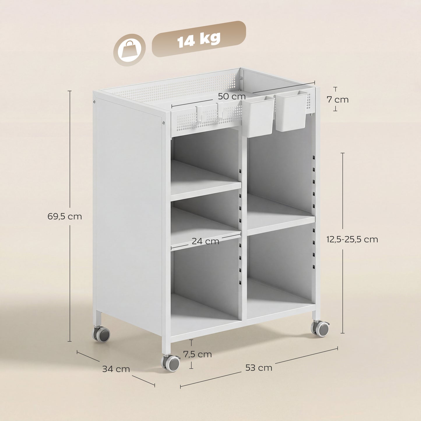Bücherregal Auf Rollen, 4-stufig, Verstellbare Regalböden & Hängekörbe Für Home Office Und Wohnzimmer, Weiß