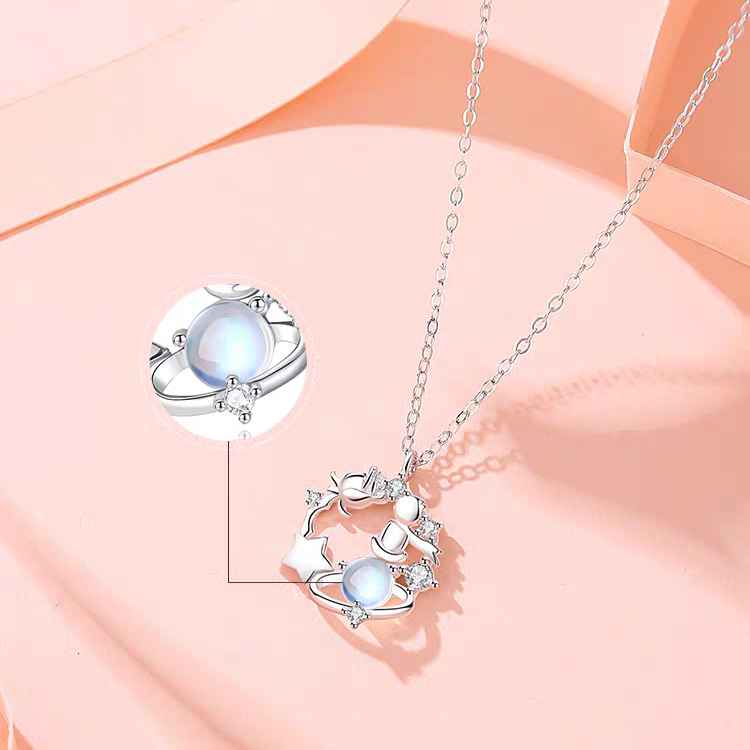 1pc 999 Sterling Silver Moonstone Little Prince Planet Pendant Necklace, Dreamy Sweet Style, Perfect For Daily Wear & Valentine's Gifts