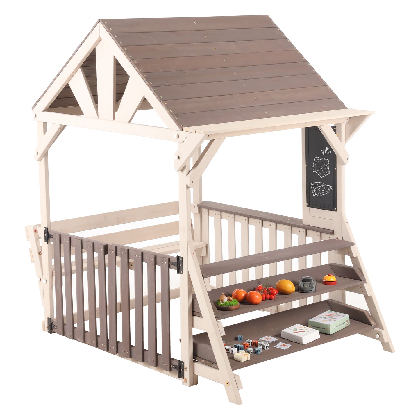 House-Shaped Outdoor Wooden Kitchen Playset With Rainproof Roof And Half-Height Railings, With A Multi-Purpose Plant And Toy Shelf, Suitable For Children 3 Years And Older, Outdoor Playhouse  Grey
