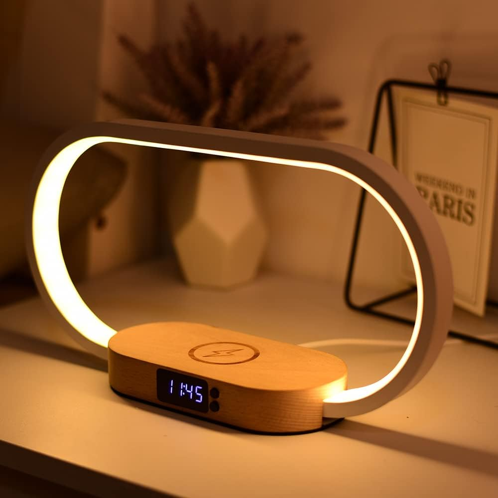 Donewin Bedside Lamp With Wireless Charger,Wooden Table Lamp With Charging Station,Touch Nightstand Lamp With Clock,3 Color Stepless Dimming Touch Lamp For Bedroom,Unique Gifts For Women