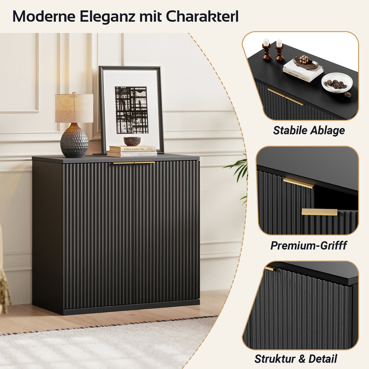 Modern Storage Cabinet With Pleated Front And Metal Handle, Multifunctional Sideboard Cabinet For Living Room & Bedroom, Natural Light Wood Decor, Black, 60x30x70 Cm