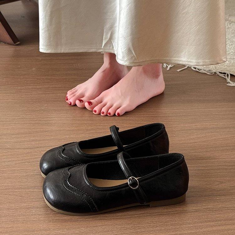 Women French Retro Flat Mary Janes, New Fashion Lightweight Shallow Mouth Leather Flats Work Shoes