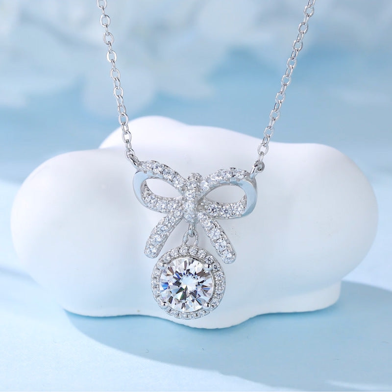 S925 Sterling Silver 1ct D Color VVS1 Moissanite Bow Necklace 45cm Platinum Gold Plated GRA Certified Gift Box
