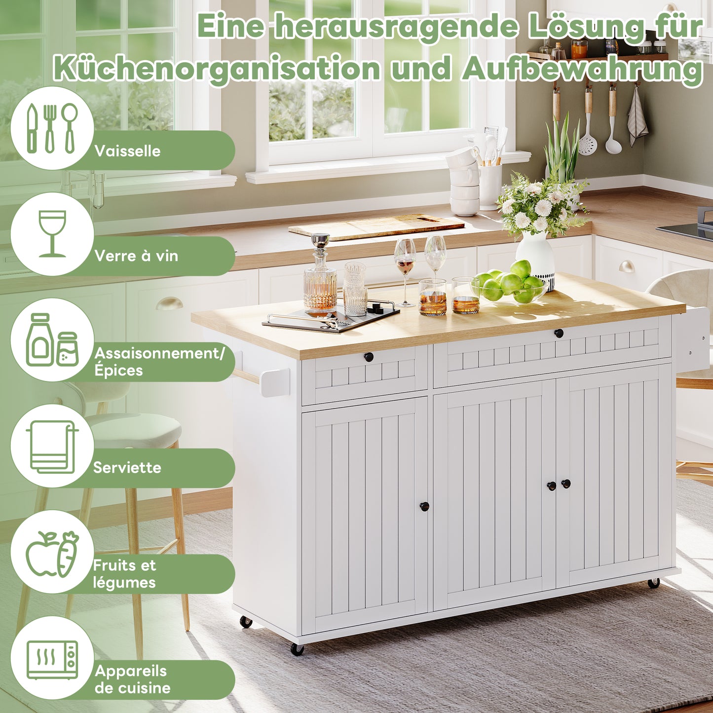 Kitchen Island With Folding Worktop, Kitchen Cabinet On 6 Lockable Castors, With Shelf, Door Shelf, 2 Large Drawers And Cabinet, White, 137 X 89.5 X 45 Cm