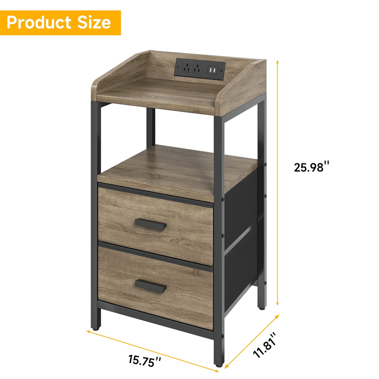 Nightstand With Charging Station Modern Bedside End Side Table With Guardrail Storage Shelf 2 Fabric Drawers USB Ports AC Outlets