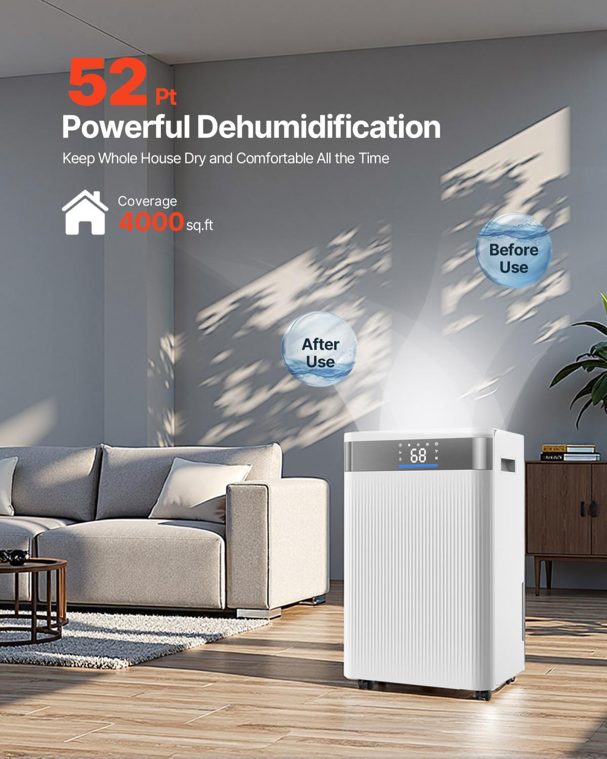 52 Pints Dehumidifier For Home And Basement Smart Humidity Low Noise For Room