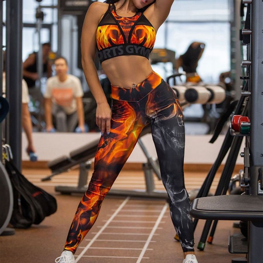 Women's Flame Print Exercise Yoga Clothes Suit