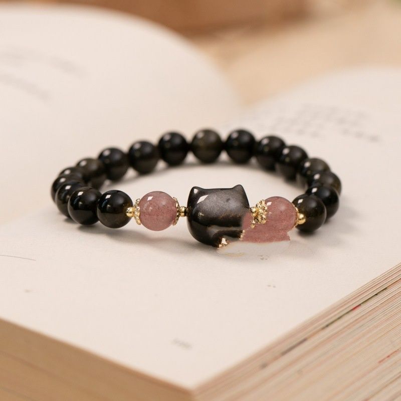 Single Circle Natural Obsidian 8mm With Kitty Accessories Bracelet