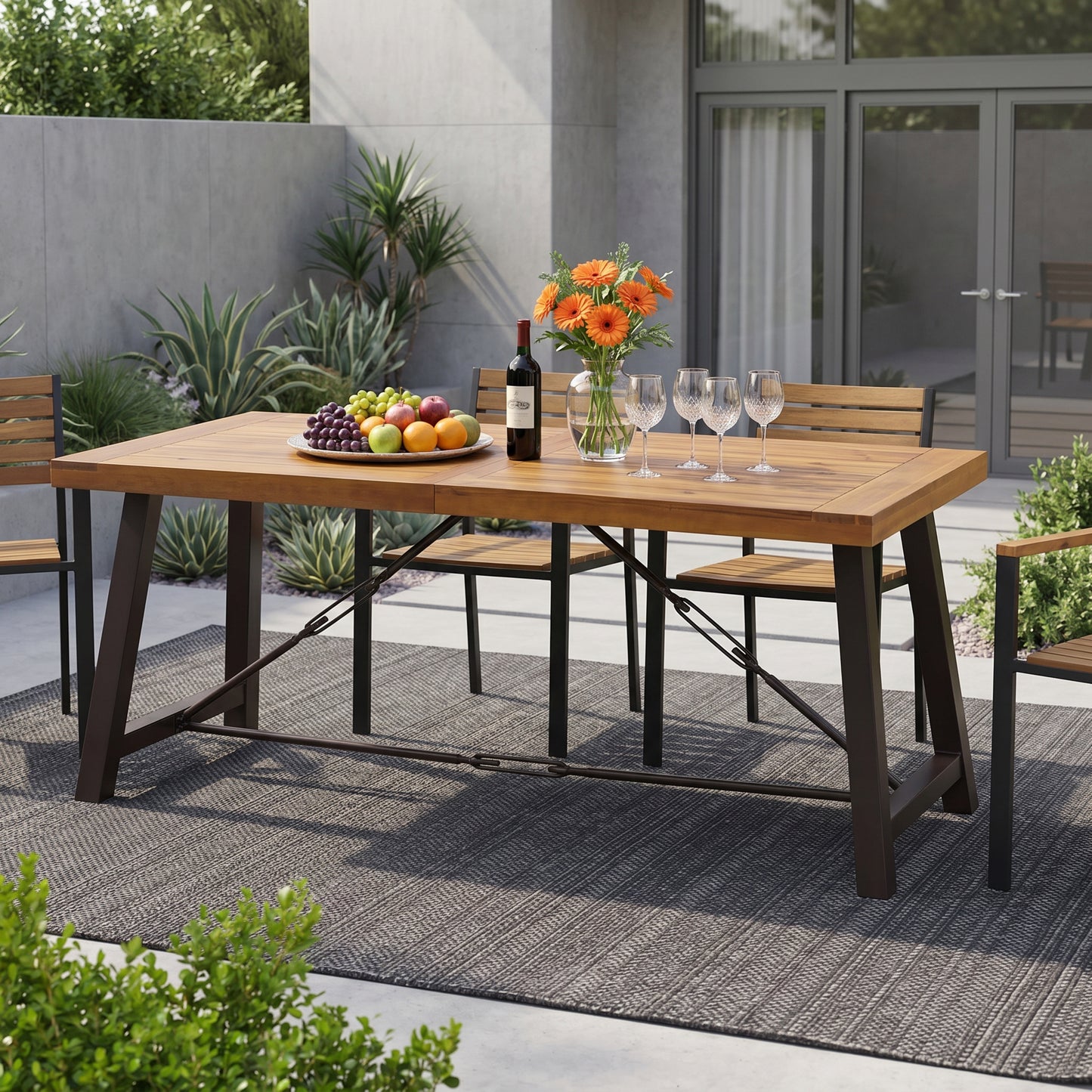Outdoor Acacia Wood Metal Base Dining Table, Teak