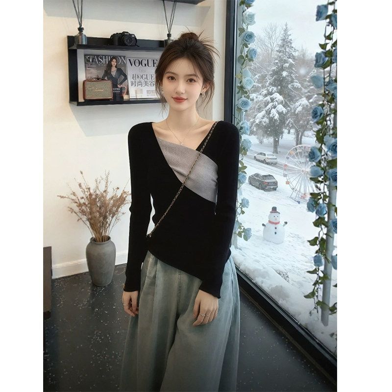 Korean-style Irregular Color-Block Patchwork Long-Sleeve Top For Women