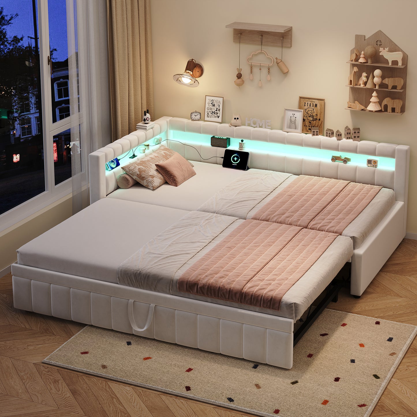 3ft Single Velvet Daybed, Sofa Bed With RGB LED Lights And Charging Station, Upholstered Sofa Bed With Trundle, Pull Out Trundle Bed For Living Room, Bedroom Or Study, Beige  No Mattress