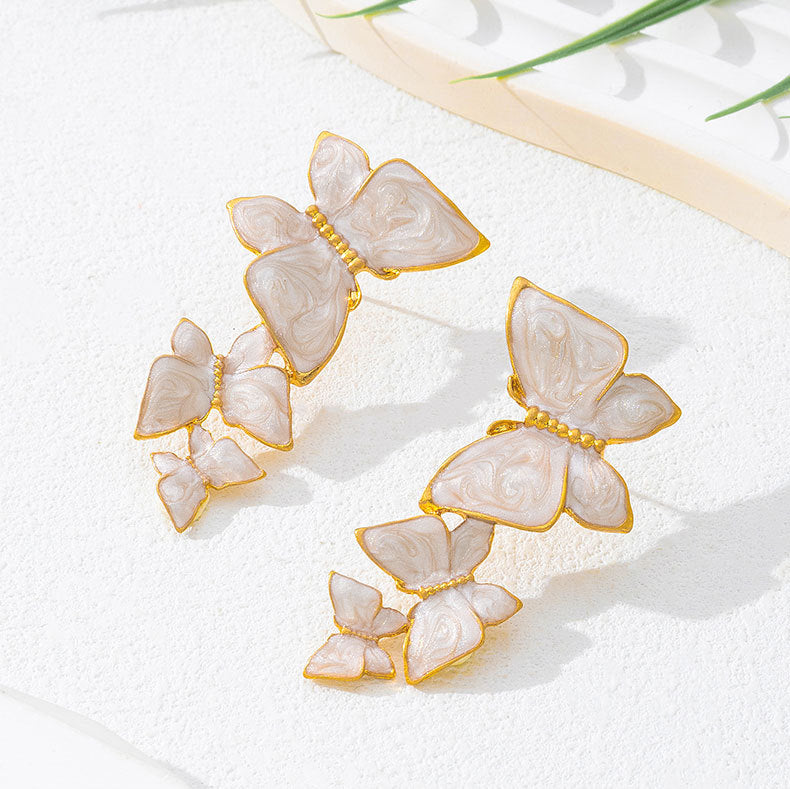 Trendy Style Enamel Three Butterfly Stud Earrings For Women, Fashion High-End Personalized Temperament Versatile Daily All-Match Ear Jewelry