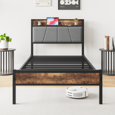 Twin Size Bed Frame, Storage Headboard With Charging Station, Solid And Stable, No Box Spring Needed, Easy Assembly