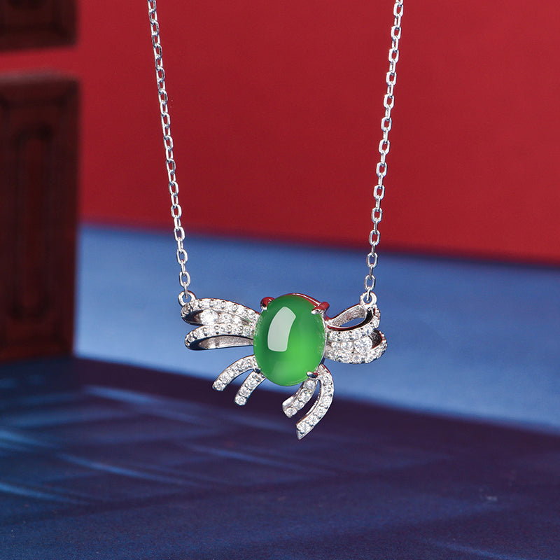 S925 Sterling Silver Necklace, 9x7mm Cabochon Green Chrysoprase Bowknot Pendant, Platinum Plated 3.1g, 45cm Chain, Elegant Women's Jewelry Gift Set