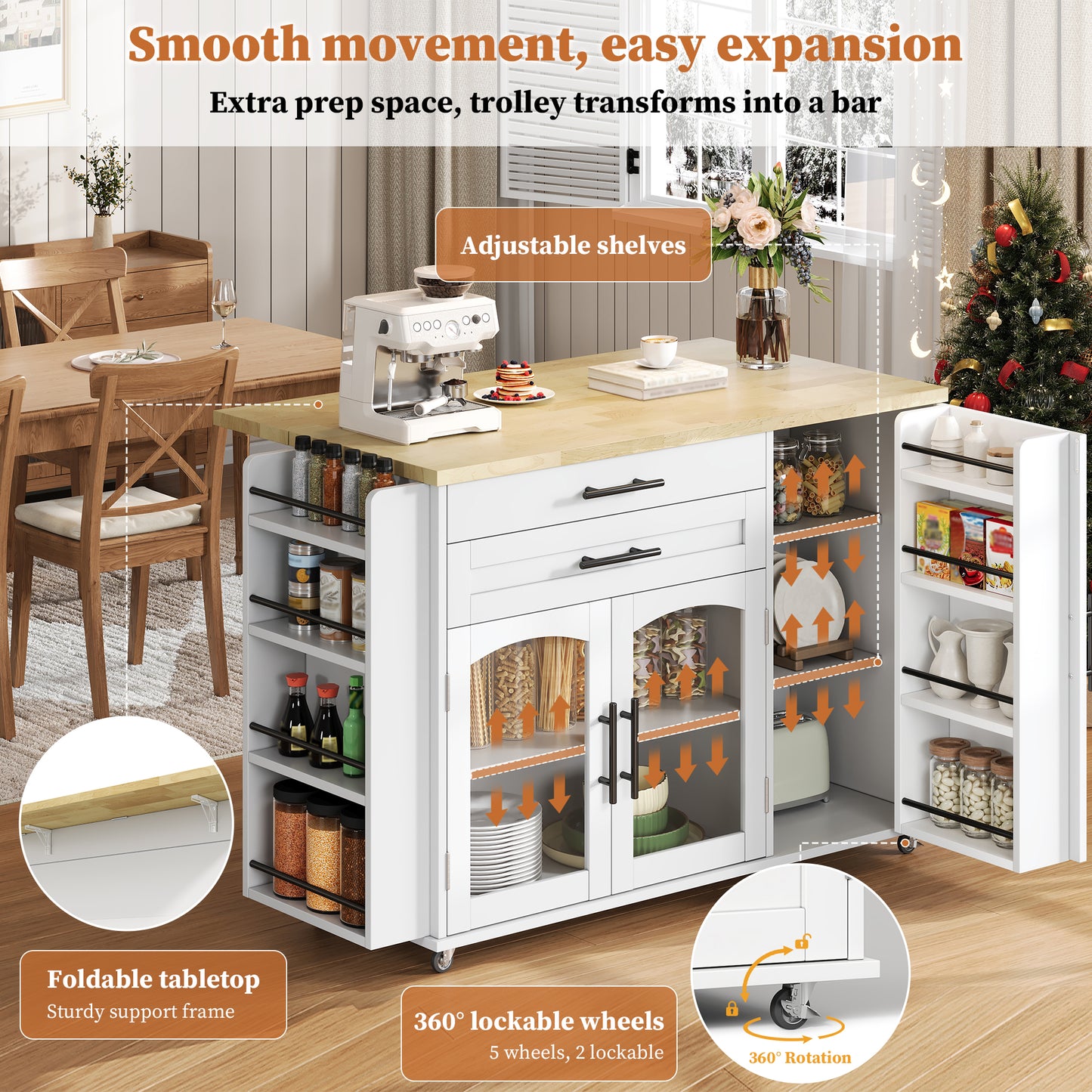 Mobile Kitchen Island With Foldable Worktop, Kitchen Trolley, 5 Wheels, Multiple Storage Racks, Spice Rack, Cutlery Storage Drawer, 120 X 45  70  X 90 Cm