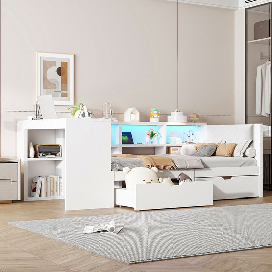 90x200 Wooden Platform Bed With Shelves, Drawers, Charging Station And Upholstered Headboard, With Colorful LED Lights, White