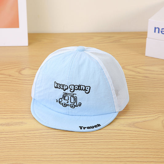 Children's Single-color Cartoon Car Embroidered And Pieced Together Net Fabric Breathable And Cool Fashion Short-brimmed Baseball Cap For Outdoor Travel