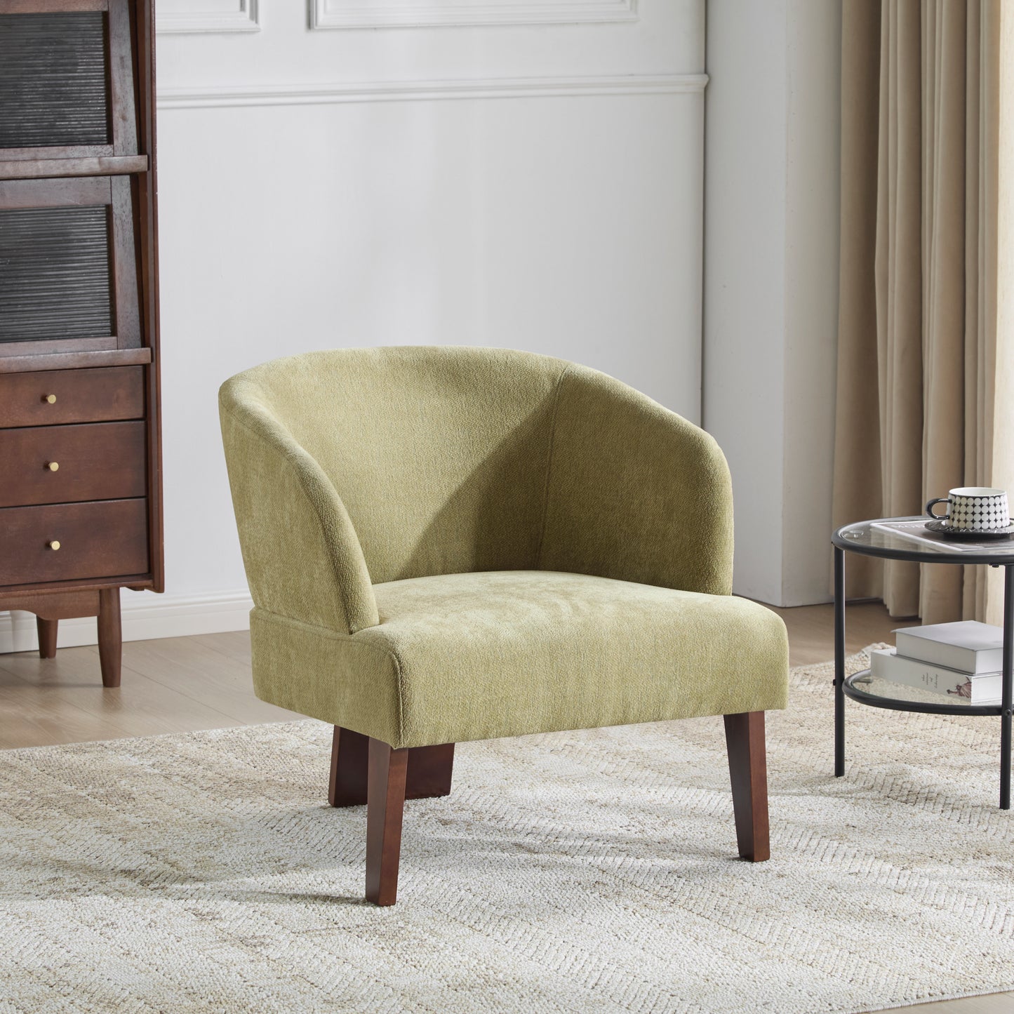 Modern Accent Chair With Round Back & Wooden Legs - Mid-Century Inspired Lounge Chair For Living Room, Bedroom, Or Office - Soft Fabric Upholstery