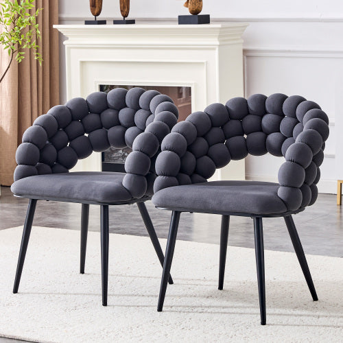 Set Of 2 Gray Puffy Bubble Chair Ball Chain Chair Velvet Dining Chairs With Black Legs, Modern Accent Chairs For Dining Room & Kitchen
