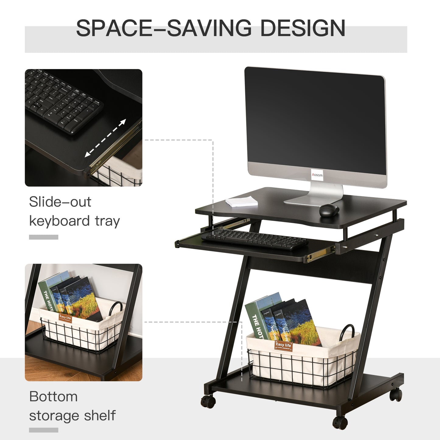 Movable Computer Desk With 4 Moving Wheels Sliding Keyboard Tray Home Office Workstation Black