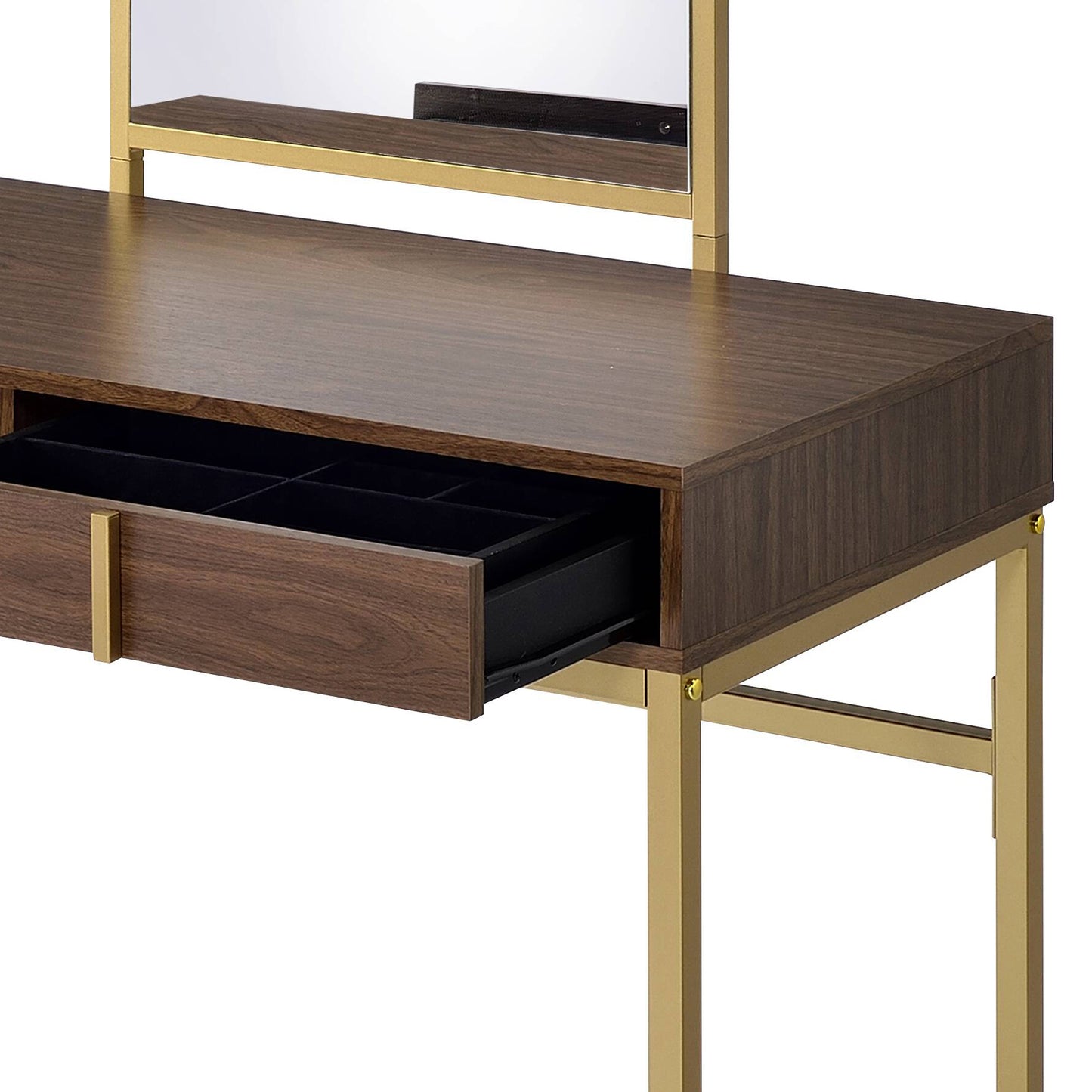 Coleen Walnut & Gold Finish Vanity Desk W Mirror & Jewelry Tray