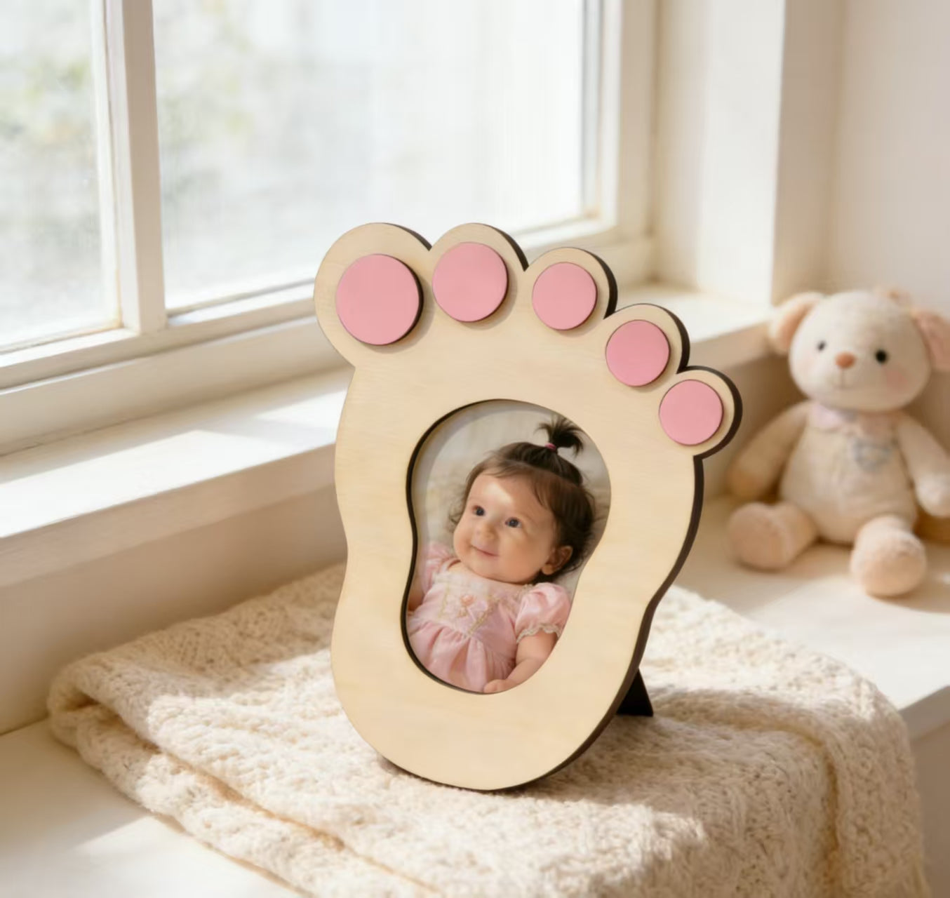 Baby Footprint Wooden Photo Frame, DIY Writeable Newborn Keepsake Picture Frame, Natural Wood Baby Shower Gift For Infant Boys Girls