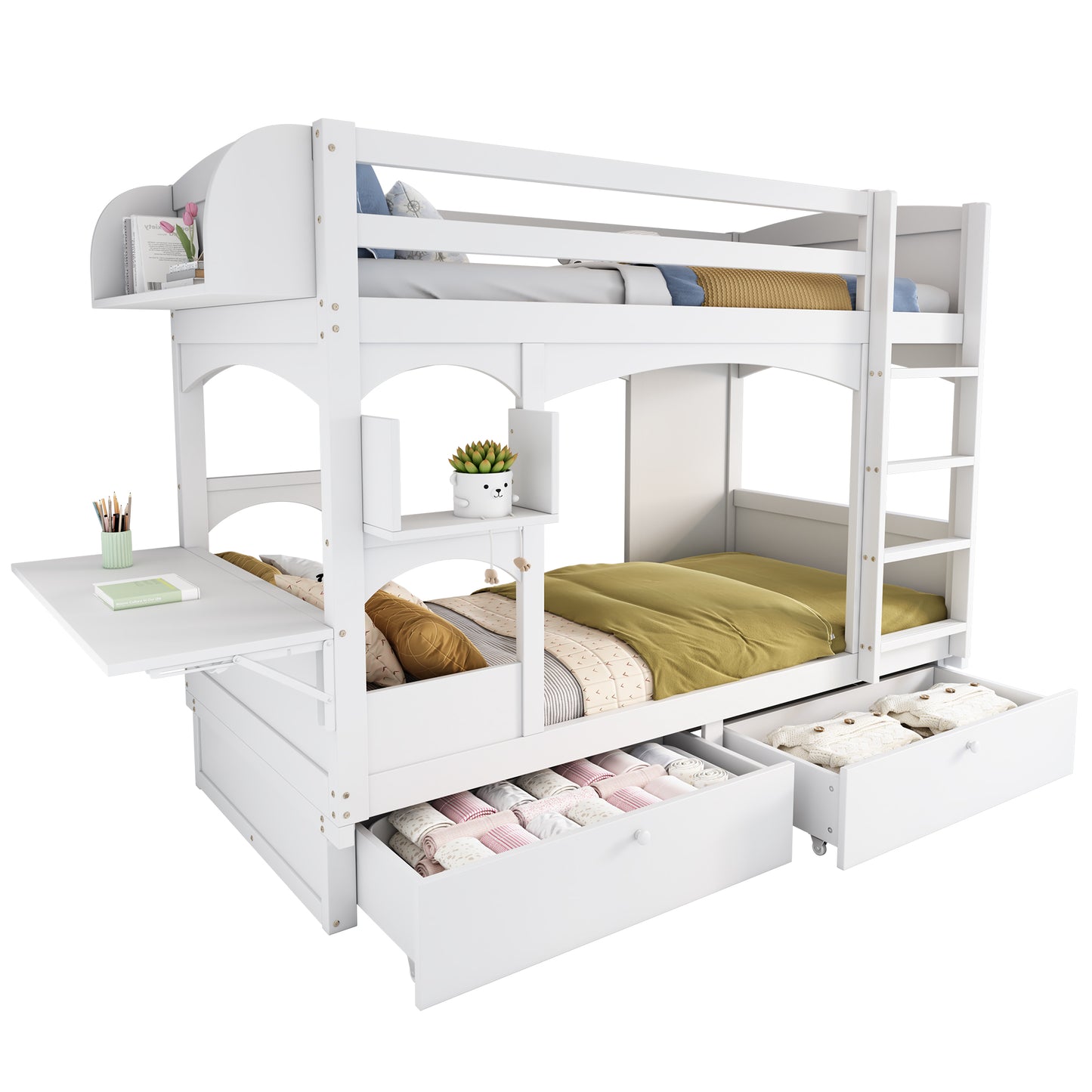 Children's Bunk Bed, Double Bed, Multifunctional Cot, With Foldable Desk And Shelf, With Ladder And 2 Drawers, Without Mattress, Solid Wood Slatted Frames, White, 90x200