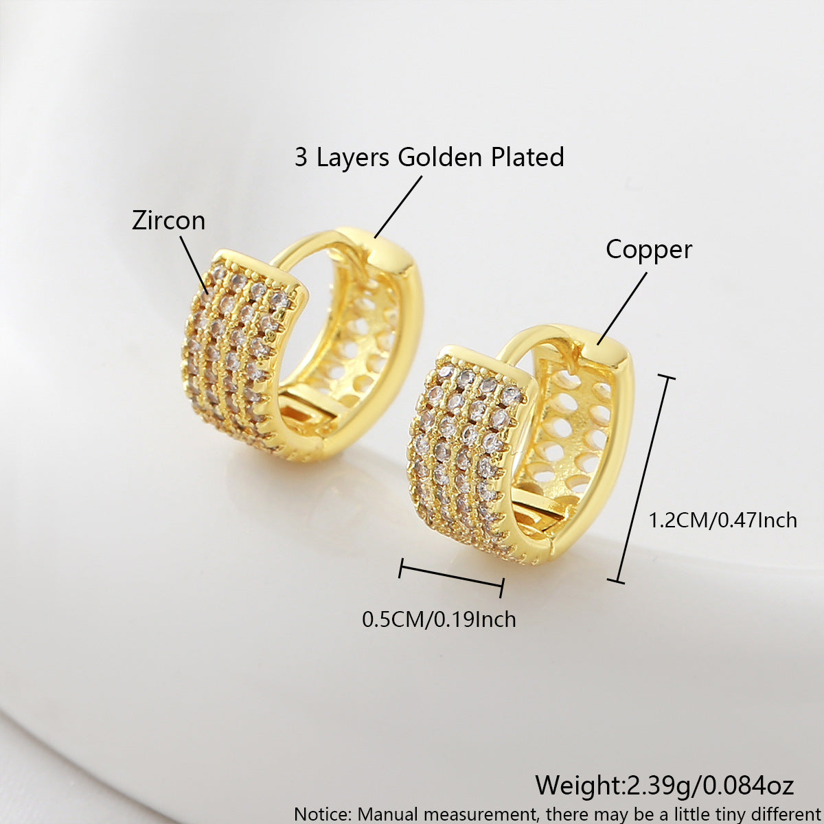 Gold Plated Copper Geometric Wide Hoop Earrings, Four Rows Inlaid Zircon, Minimalist Fashion Luxury Ear Jewelry