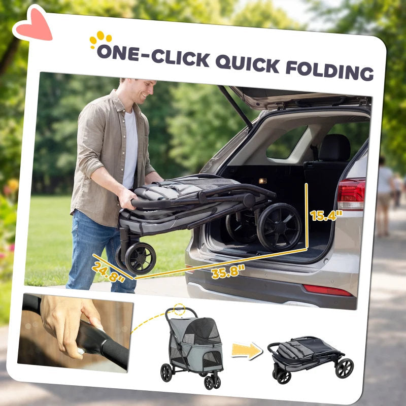 3 Wheel Pet Stroller With Easy One-Click Quick Fold, Mesh Window, Washable Cushion, For Medium Dogs, Gray