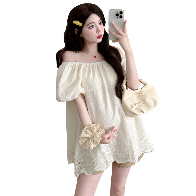 Womens Korean-style Off-shoulder Embroidered Trim Top