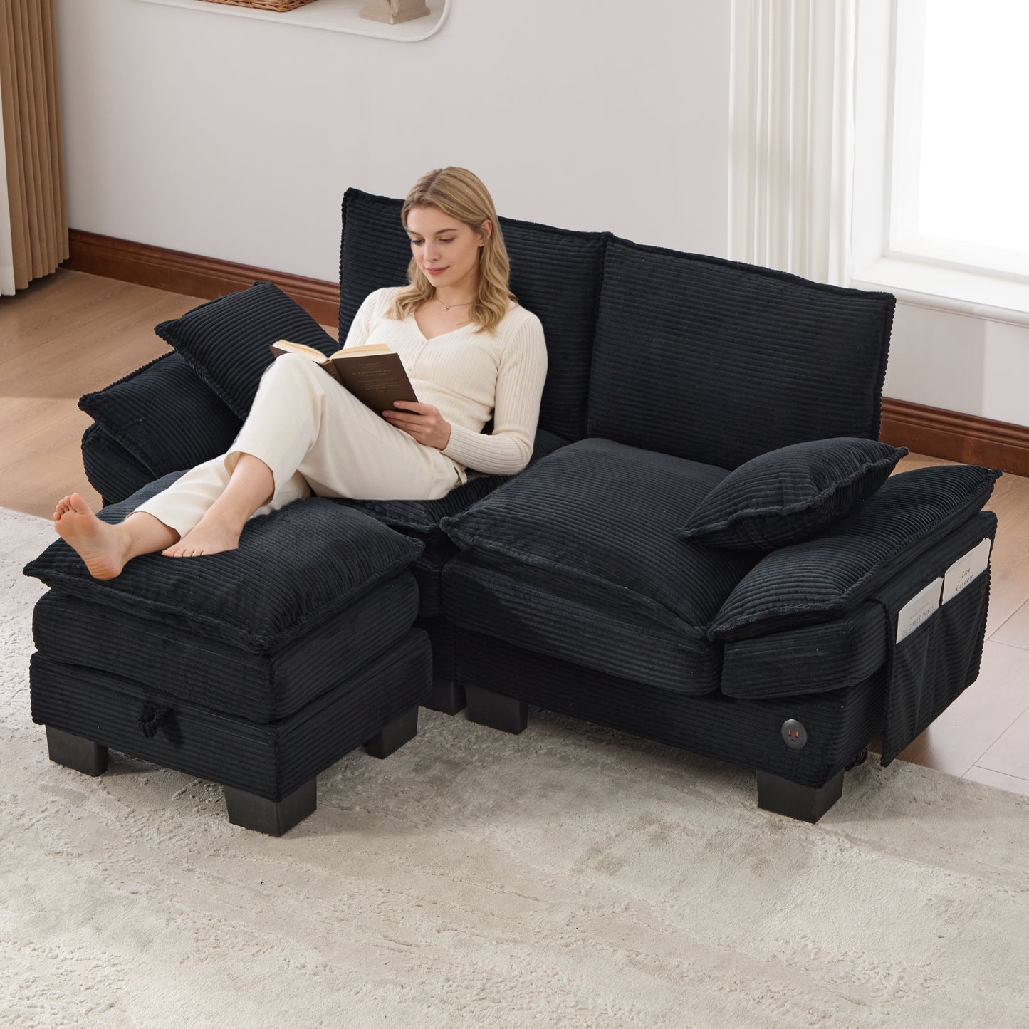 Modular 2-seater Corduroy Sofa  With Stool  Wide Seat, Ergonomic Design, High-density Foam Padding, USB-C Port And Side Pockets. Ideal For Living Room, Office Or Lounge. Black