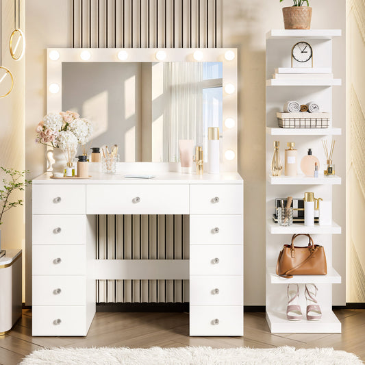 Vanity Desk With 11 Hollywood Bulbs & 7-Tier Storage Shelves , Makeup Vanity Desk With Power Outlet And 11 Drawers, 3 Color Lighting Modes, Dressing Table With Display Shelf Crystal Handles,White