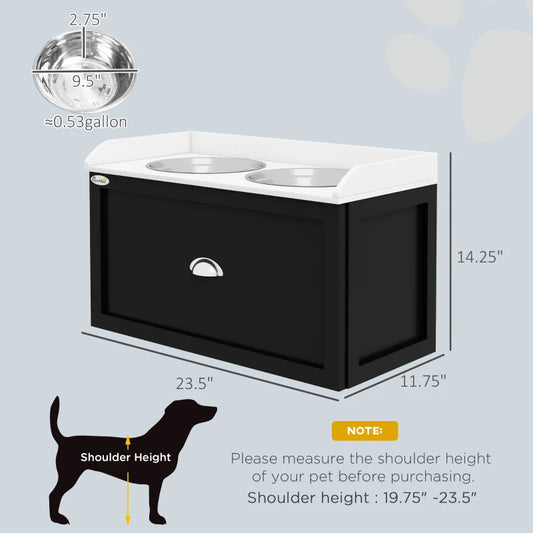 PawHut Pet Feeding Station Pet Dish Bowl Set With Storage, 2 Elevated Dog Bowls For Large Sized Dogs, White And Black