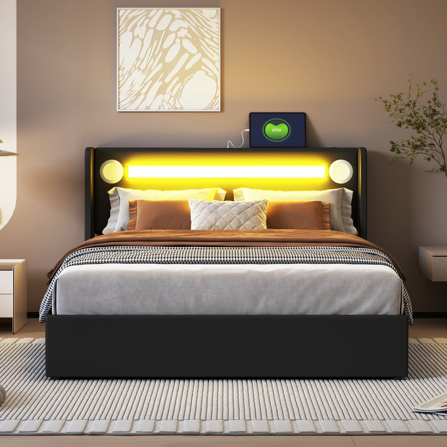 Upholstered Bed 140x200 Bed With LED Light Strip, Bluetooth Player And USB Charging, Storage Bed Made Of PU Leather, Loft Bed Box, Double Bed With Slatted Base Black
