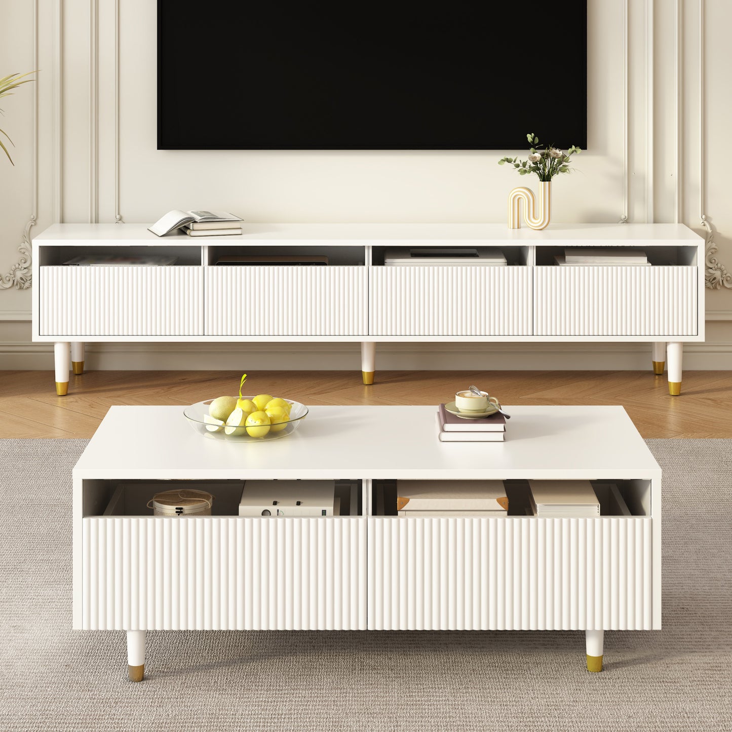 Modern LED Furniture Set Four-door TV Stand And Coffee Table With Two Drawers  White With Gold Design, LED Lighting, Wave Texture And Acrylic Fronts For A Stylish Living Style