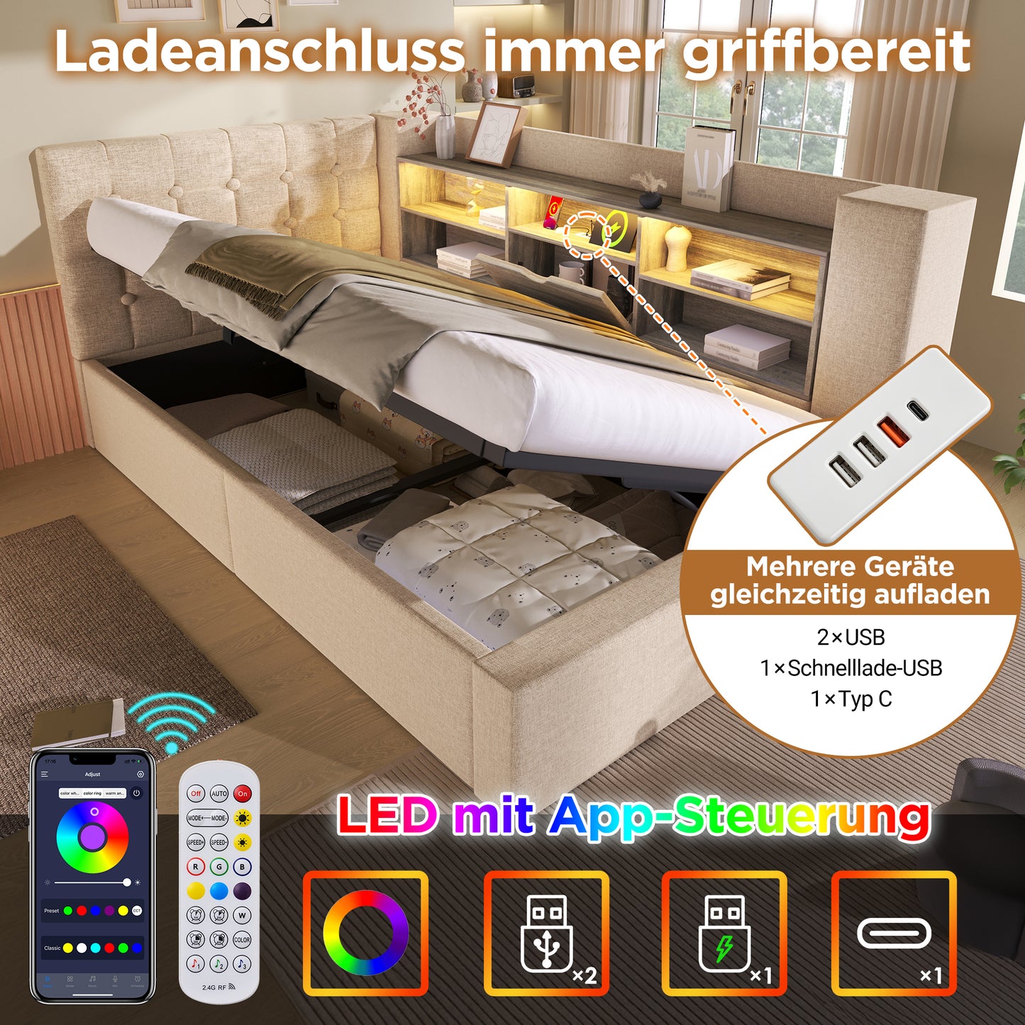 Upholstered Bed 140x200 Cm Double Bed With LED Lighting, Hydraulic Storage Space, L-shaped Headboard With Storage Space, Can Be Mounted On Both Sides, Slatted Base, Linen Fabric, Beige  Without Mattre