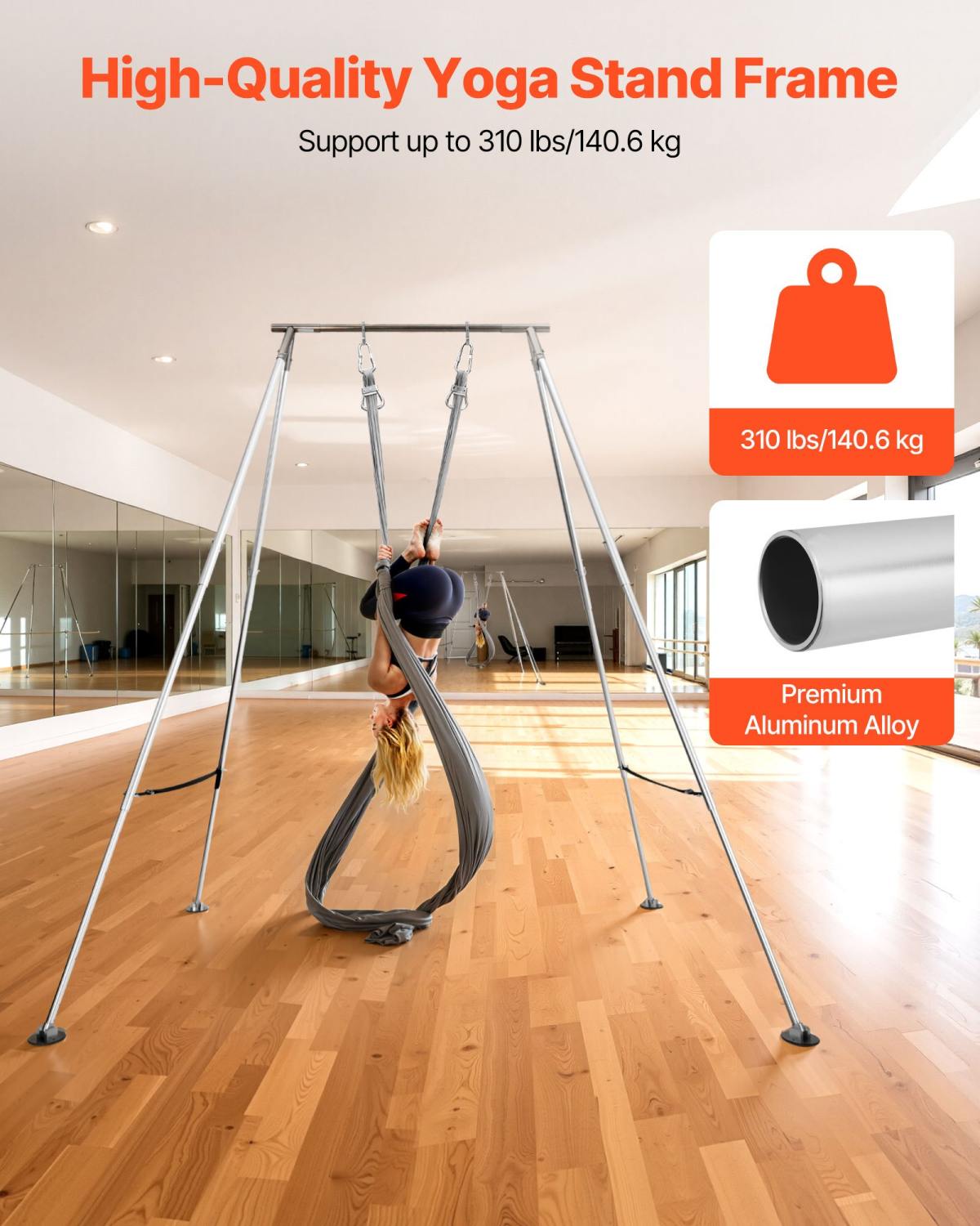 Yoga Stand Frame, Max 310 Lbs Load Swing Stand, Triangular Structure Pull Up Stands, Aerial Silk Stands With Height Adjustable & Aluminum Frame Legs, Stainless Steel Top Bar