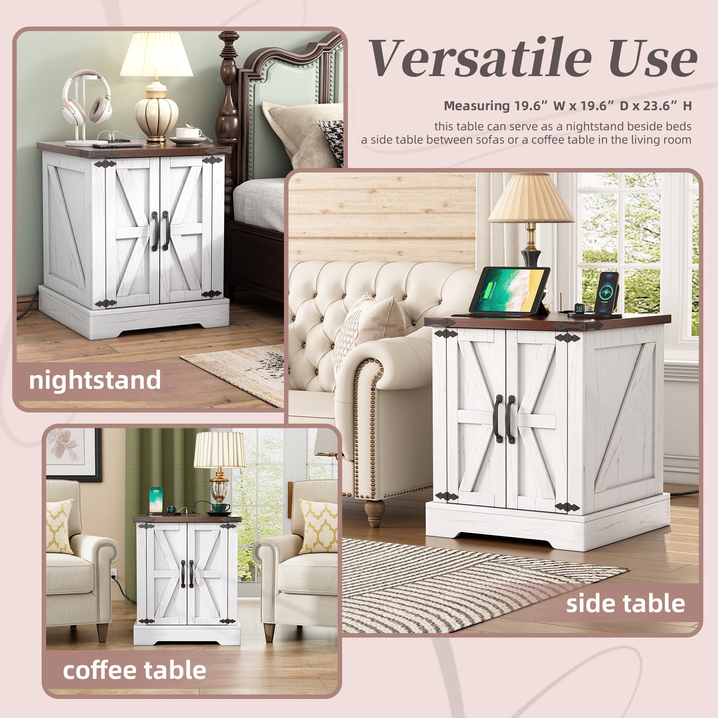 ON-TREND Farmhouse End Table With Charging Station, Rustic Wood Nightstand With Adjustable Shelf, 19.6W Versatile Walnut Sofa Side Table With Barn Doors & Retro Hinges For Bedroom, Living Room, White