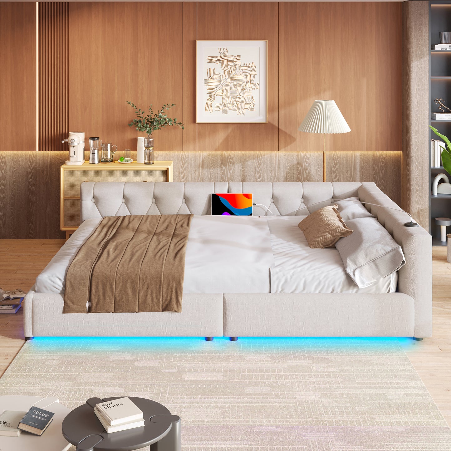 WX001034AAA Sofa Bed, Daybed, Daybed, 140x200cm, Sofa Bed With Slatted Base  Without Mattress , Ambient Lighting With Remote Control, Headboard With Button Tuft, Usb Type-c, Linen, Beige
