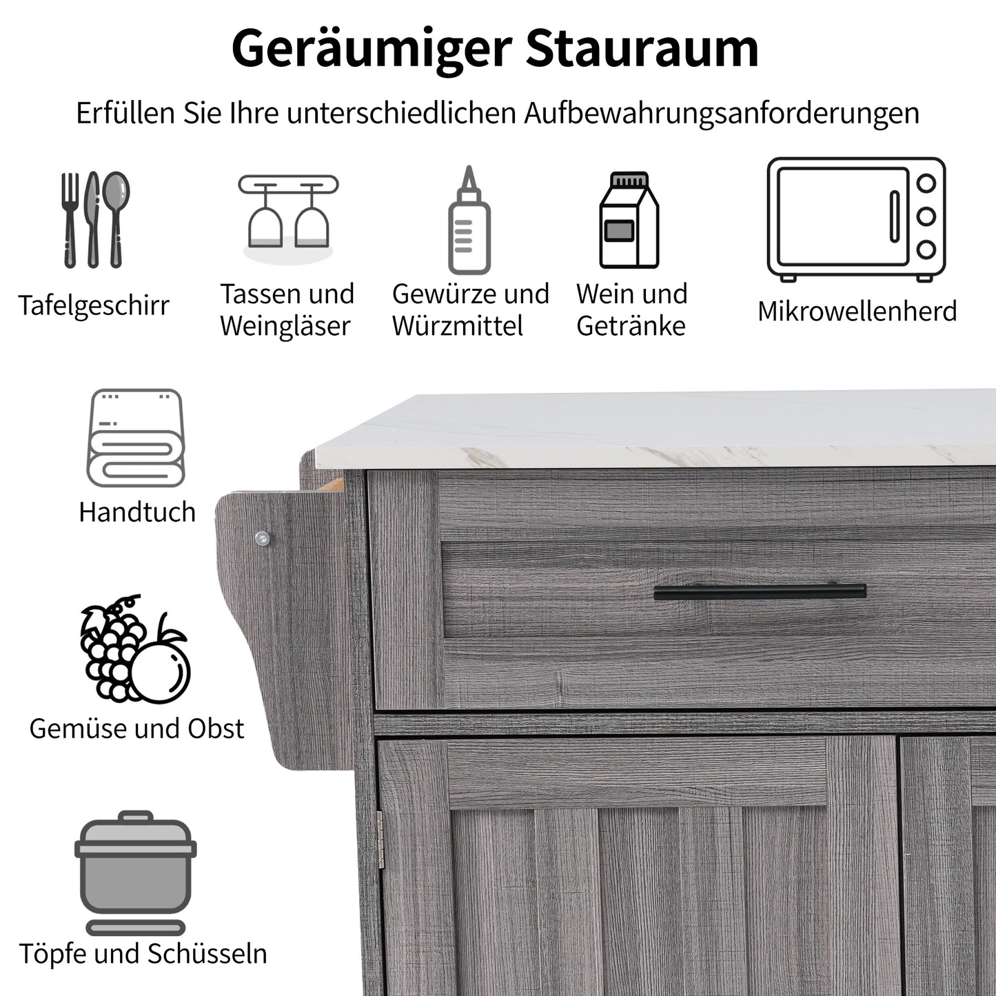 129x46 X91.5 Cm Dining Cart Dining Sideboard, White Marble Countertop And Khaki Gray Wood Grain Cabinet Extendable Countertop Storage Door Design Wheels Solid Wood Legs Switchable Ideal For Home