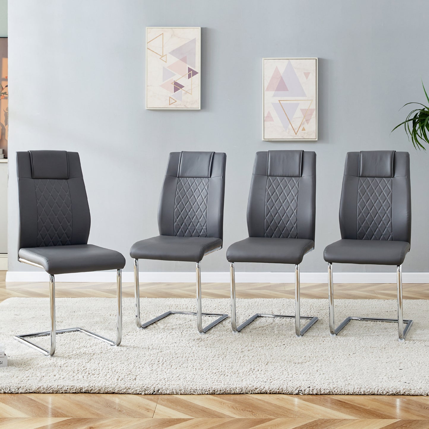 Modern Dining Chairs With Faux Leather Padded Seat Dining Living Room Chairs Upholstered Chair With Metal Legs Design For Kitchen, Living, Bedroom, Dining Room Side Chairs Set Of 4  Grey PU C-001